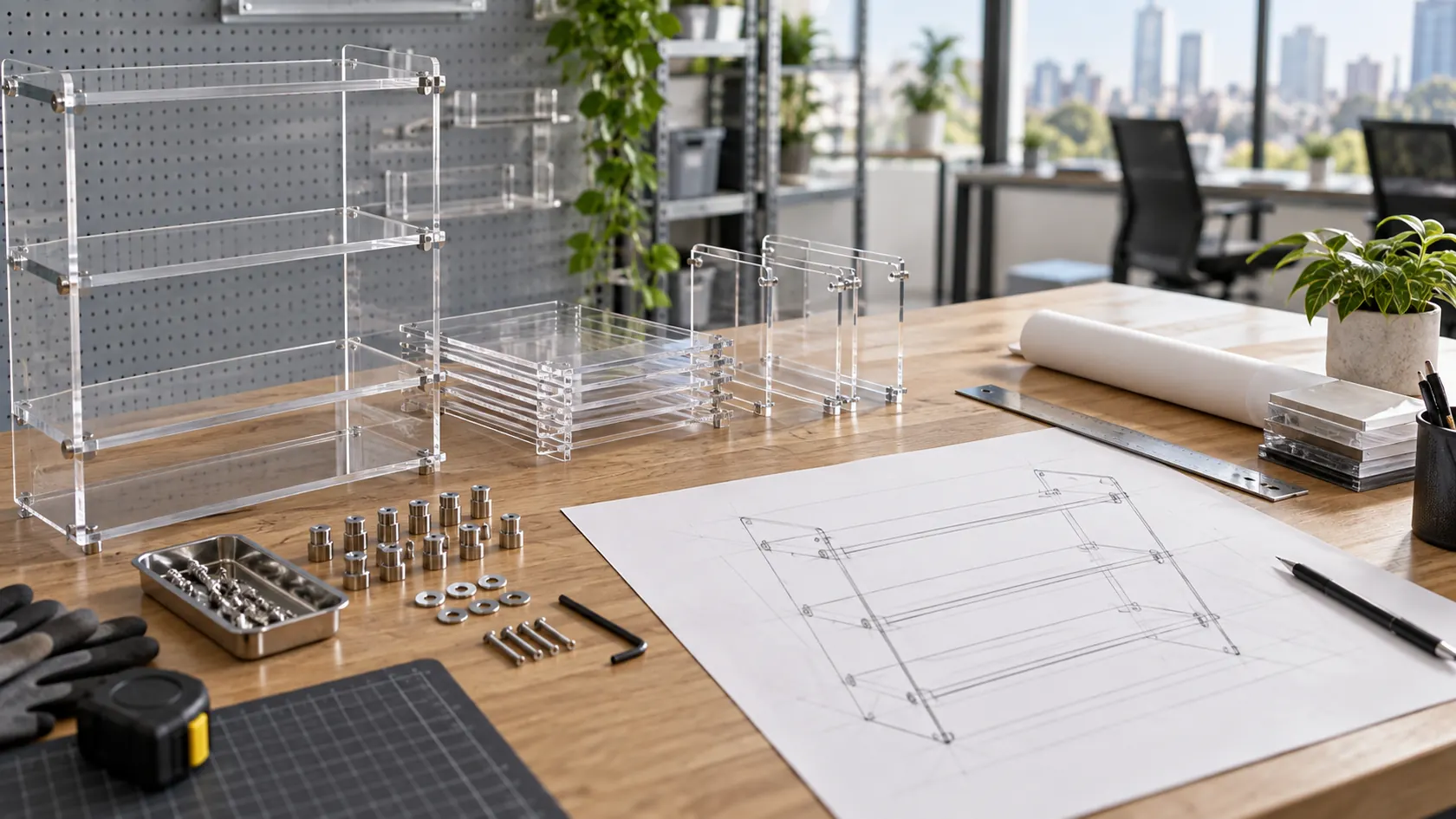 Modular acrylic display components and standardized hardware