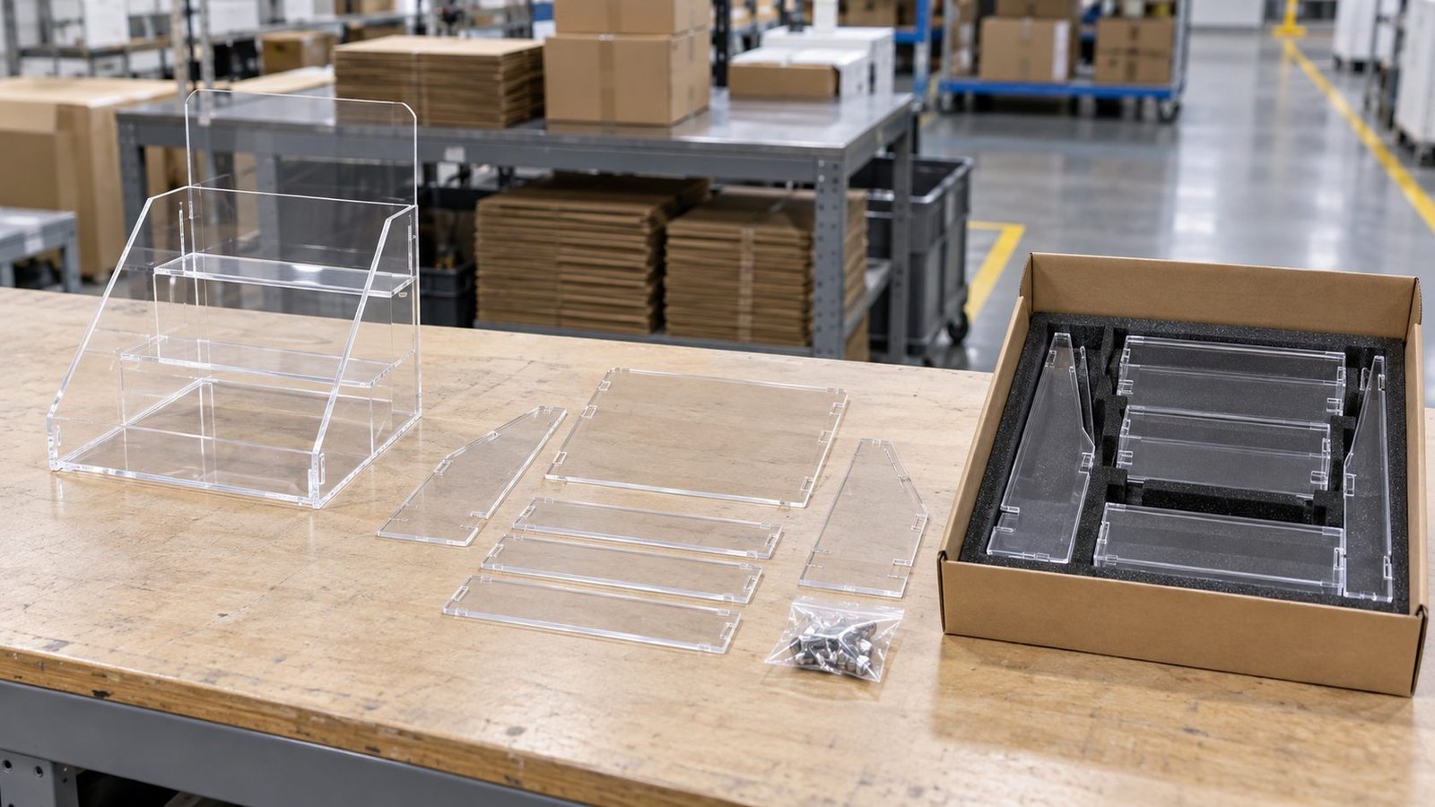 Assembled flat-pack and kit acrylic display delivery states