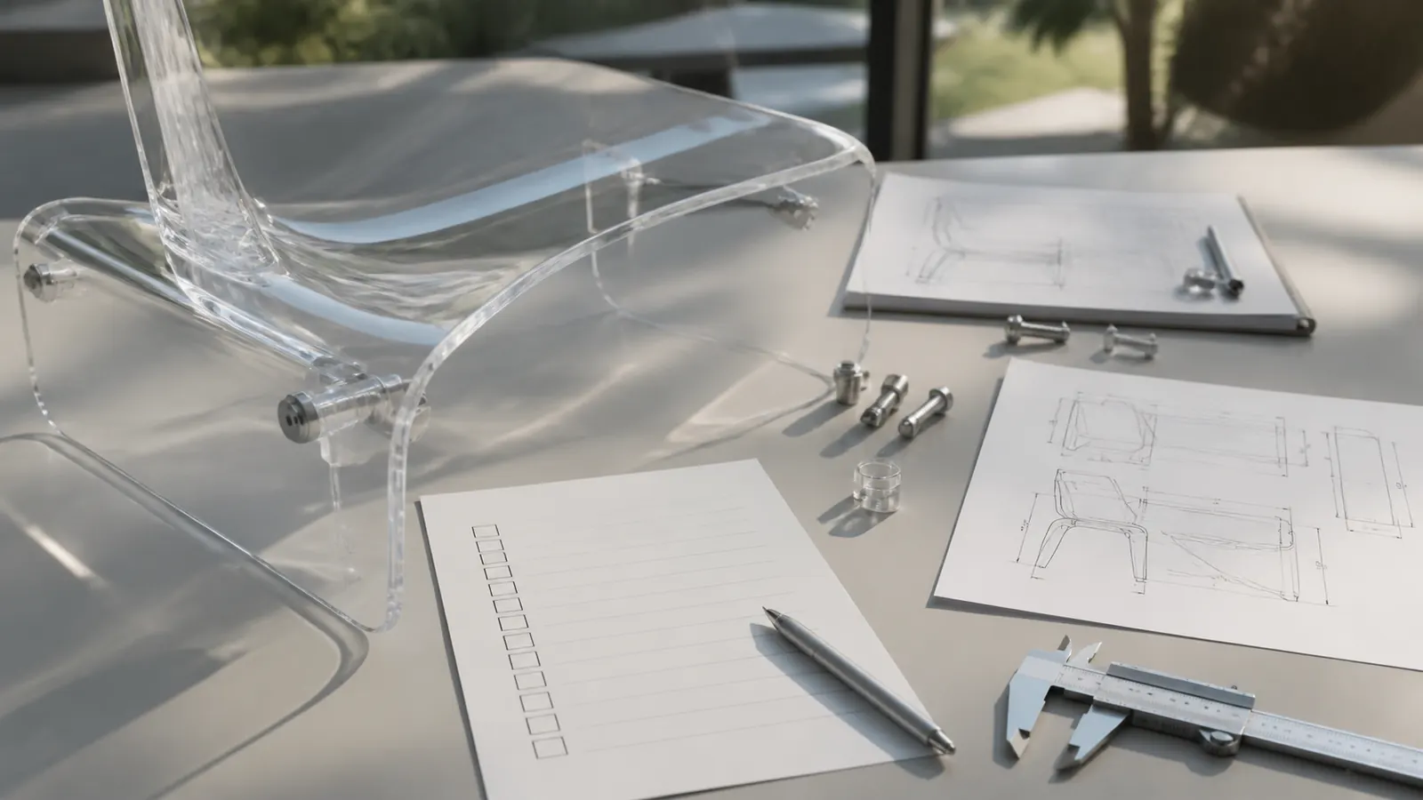 Clear acrylic component reviewed with an engineering drawing and hardware samples