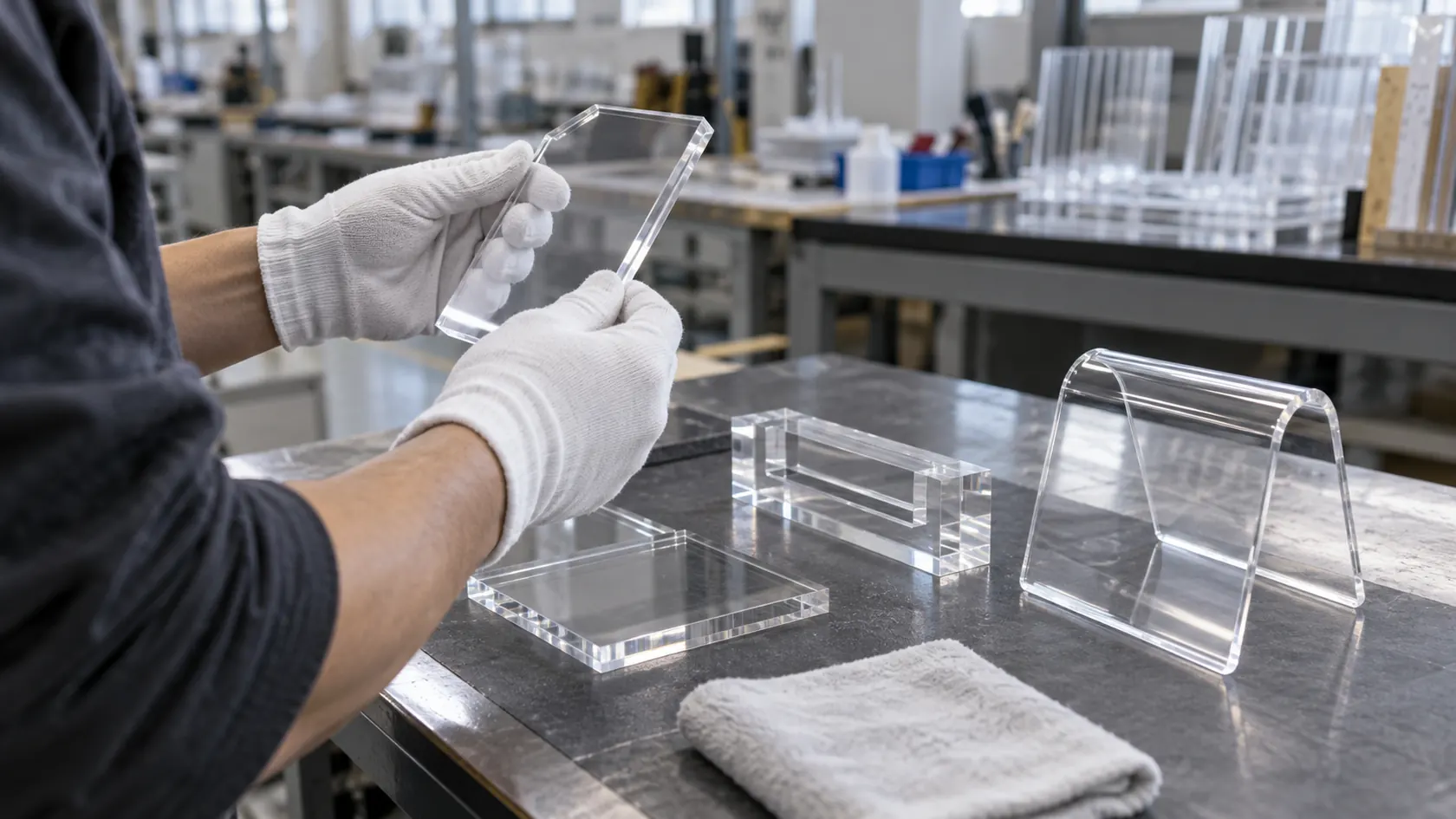 Technician inspecting polished and formed acrylic display samples