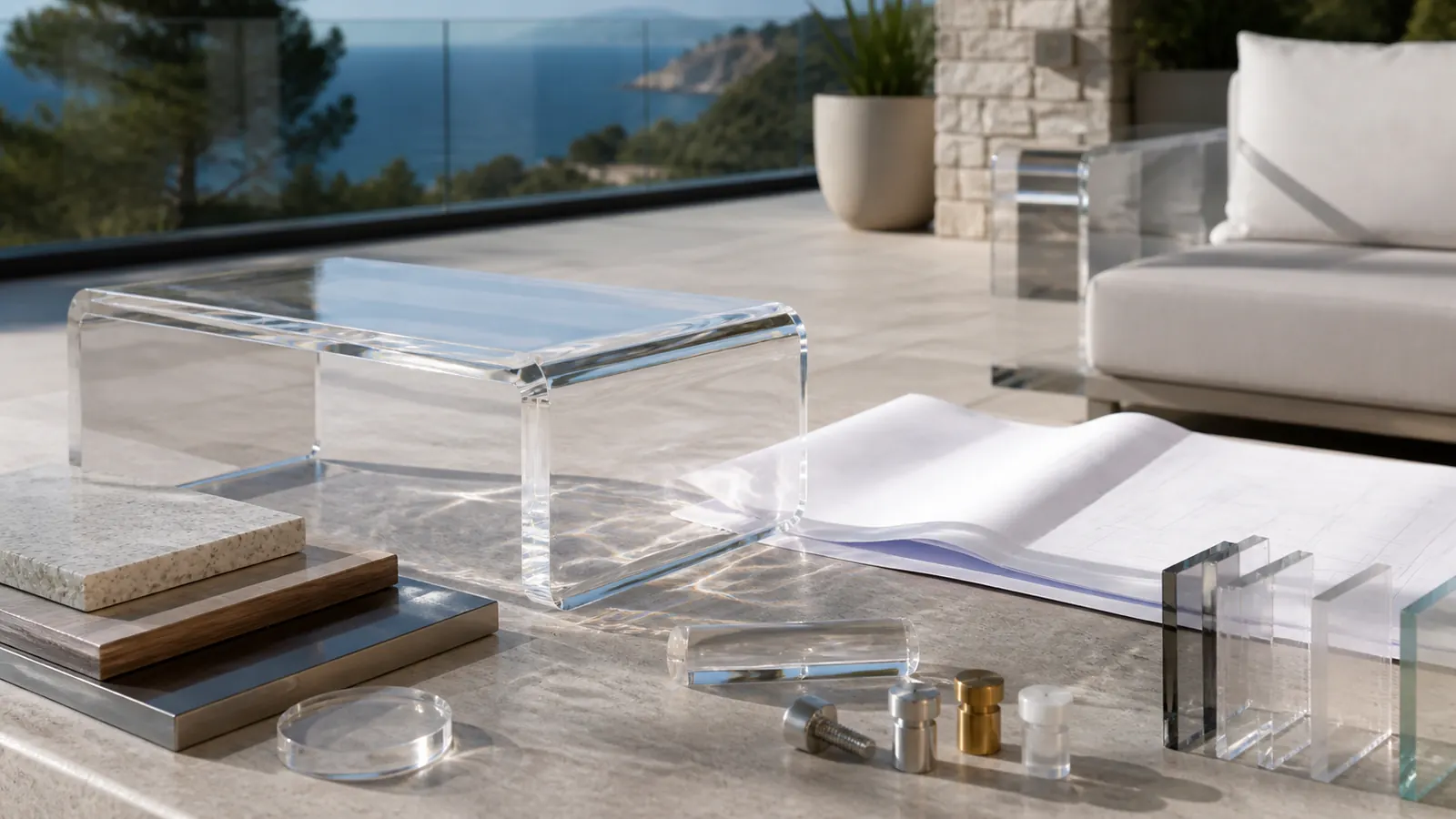 Clear outdoor furniture component reviewed with material and hardware samples