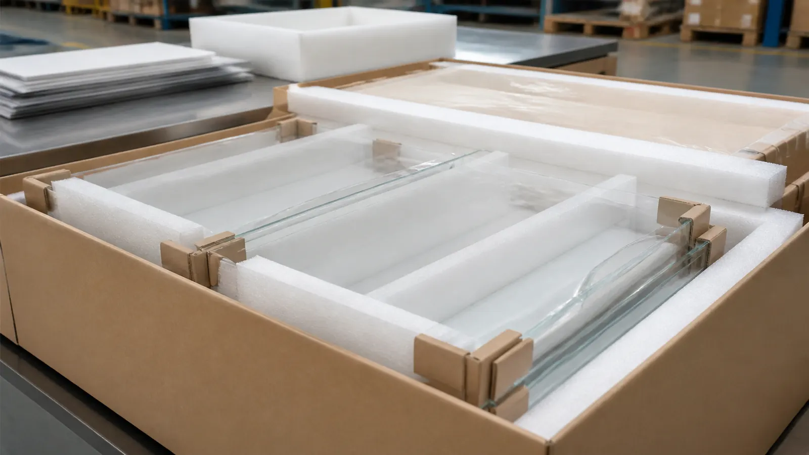 Custom acrylic furniture panels protected for export packing