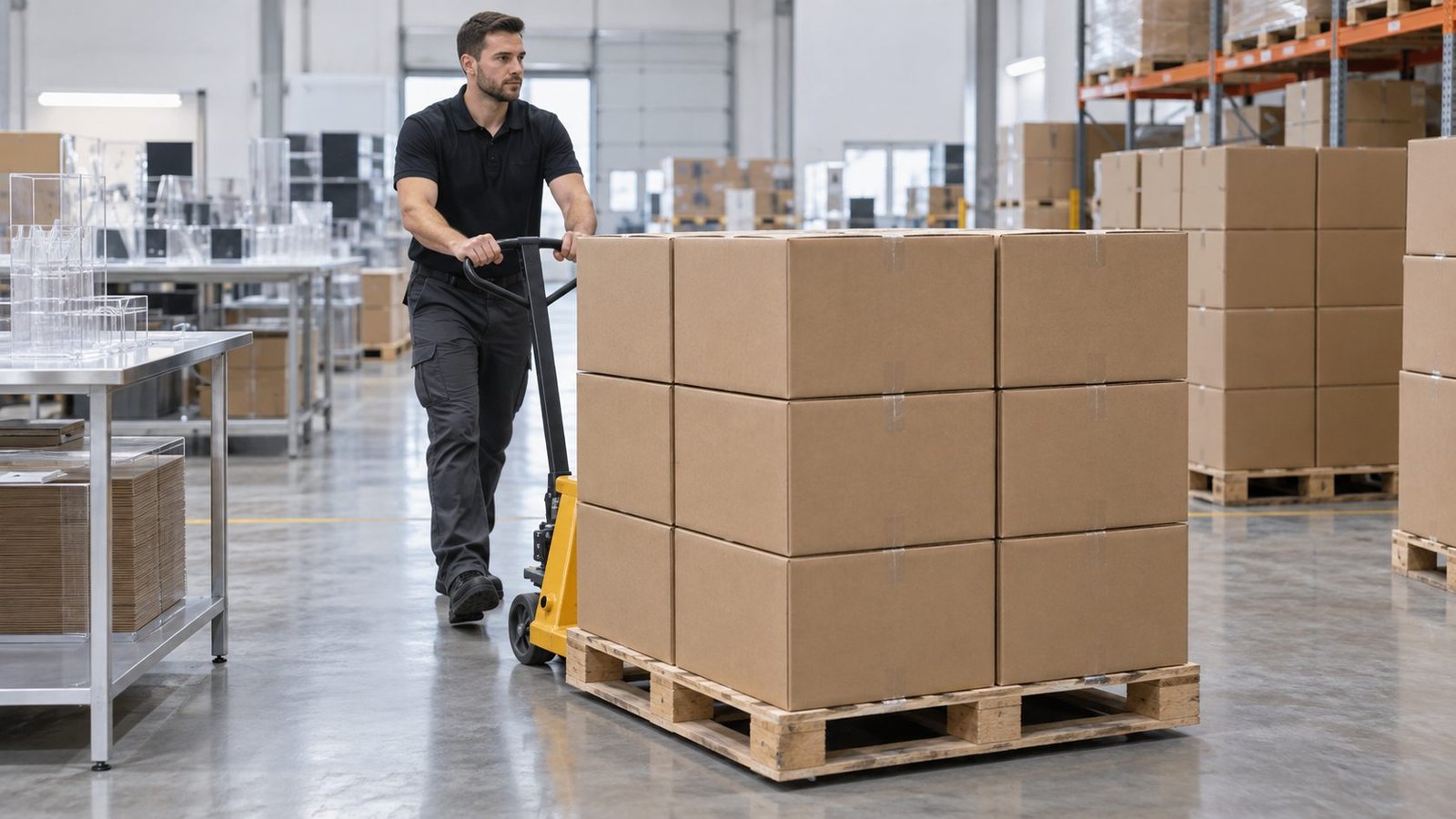 Plain cartons of custom acrylic display kits on a pallet