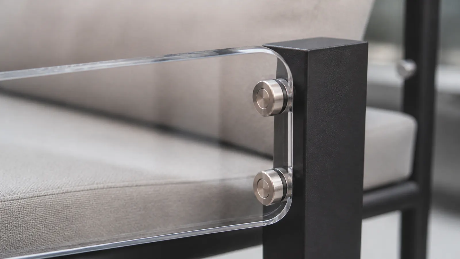 Transparent furniture panel with rounded corners and hardware