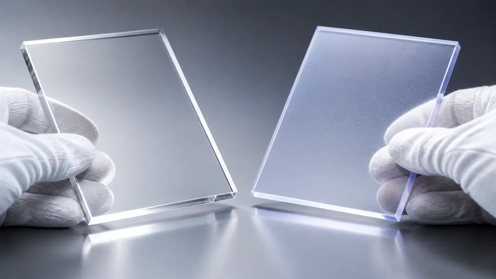 Clear acrylic and polycarbonate panels compared for surface quality