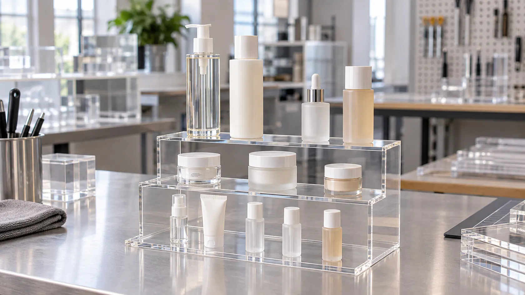 Custom acrylic countertop display with cosmetic bottles