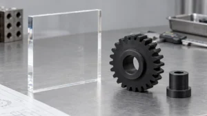 Clear acrylic panel beside nylon mechanical components