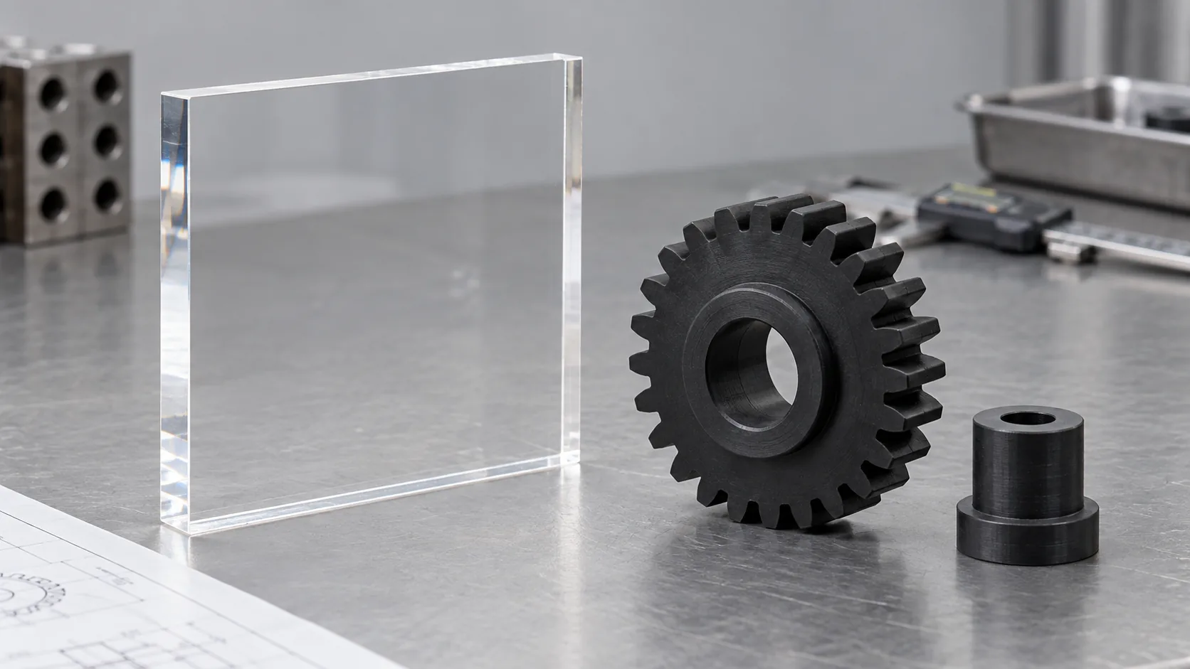 Clear acrylic panel beside nylon mechanical components
