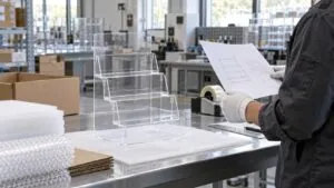 Custom acrylic display packaging review at a factory workstation