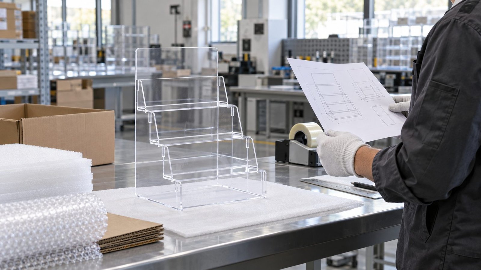 Custom acrylic display packaging review at a factory workstation