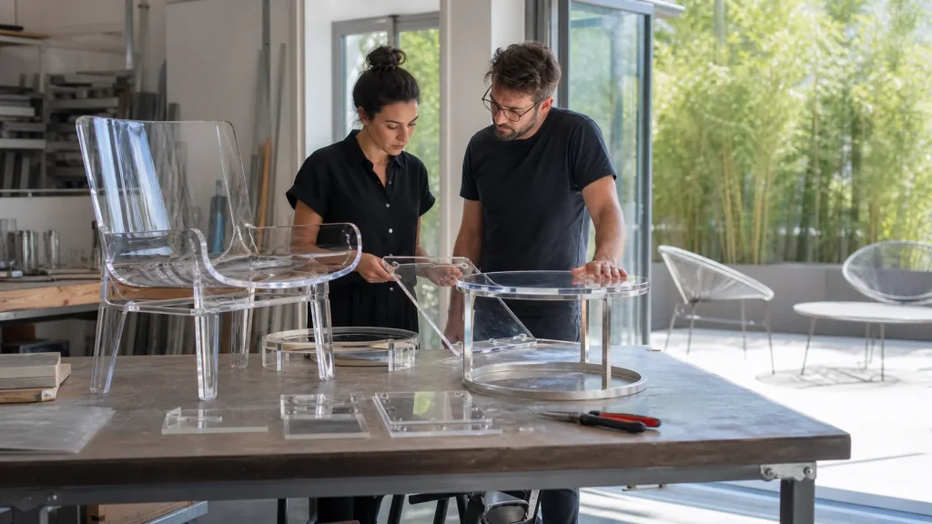 Clear outdoor furniture components reviewed with material samples
