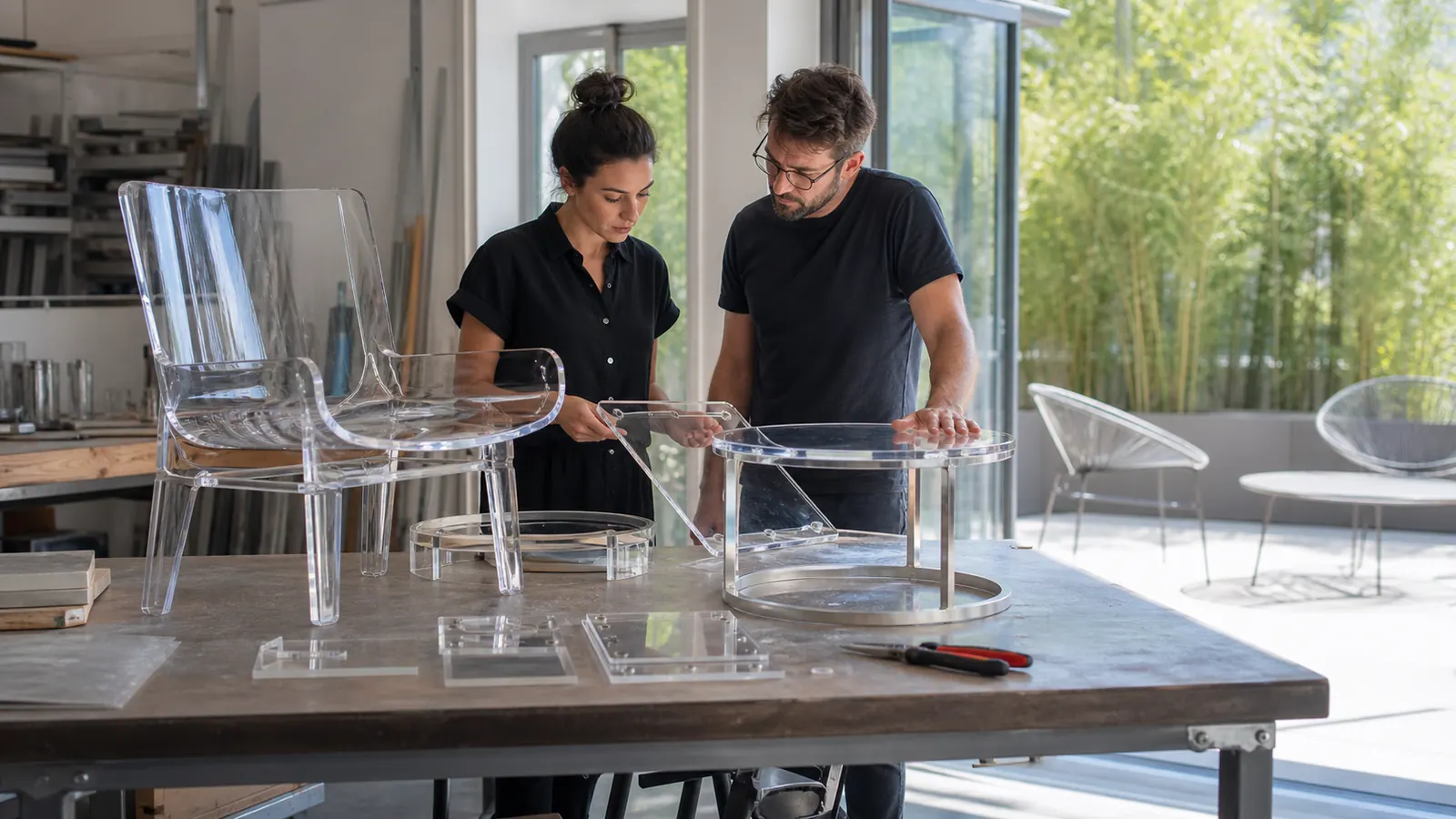 Clear outdoor furniture components reviewed with material samples