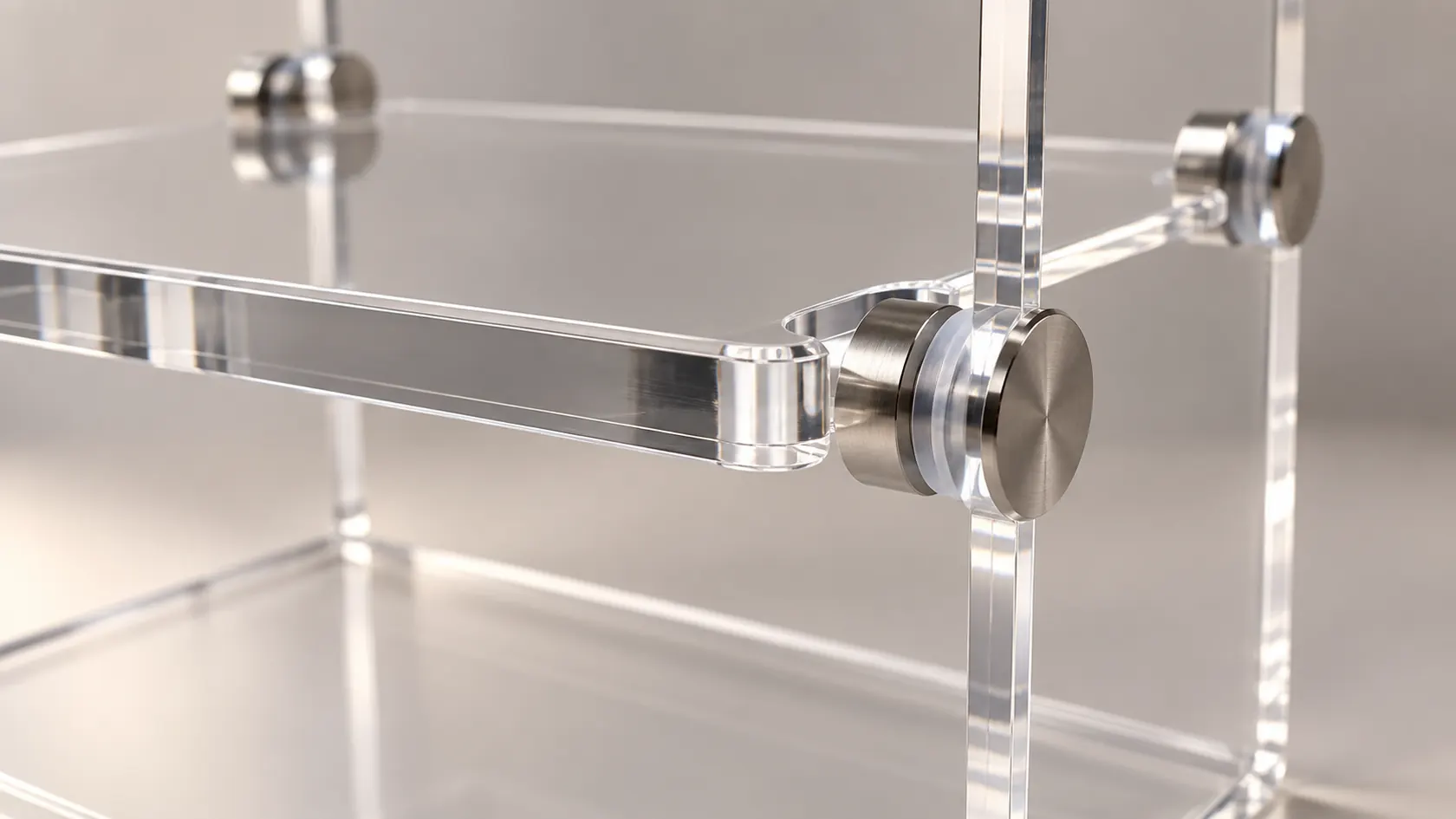 Clear acrylic display shelf connection with rounded slot and standoffs