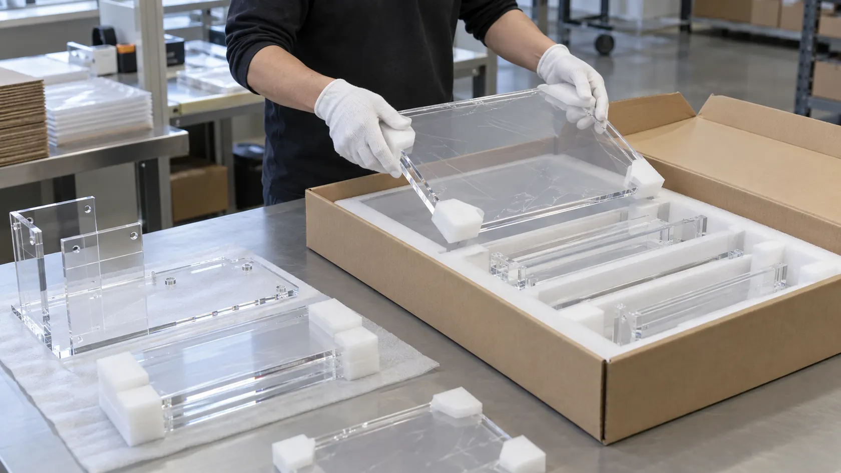 Clear acrylic display parts protected for shipment
