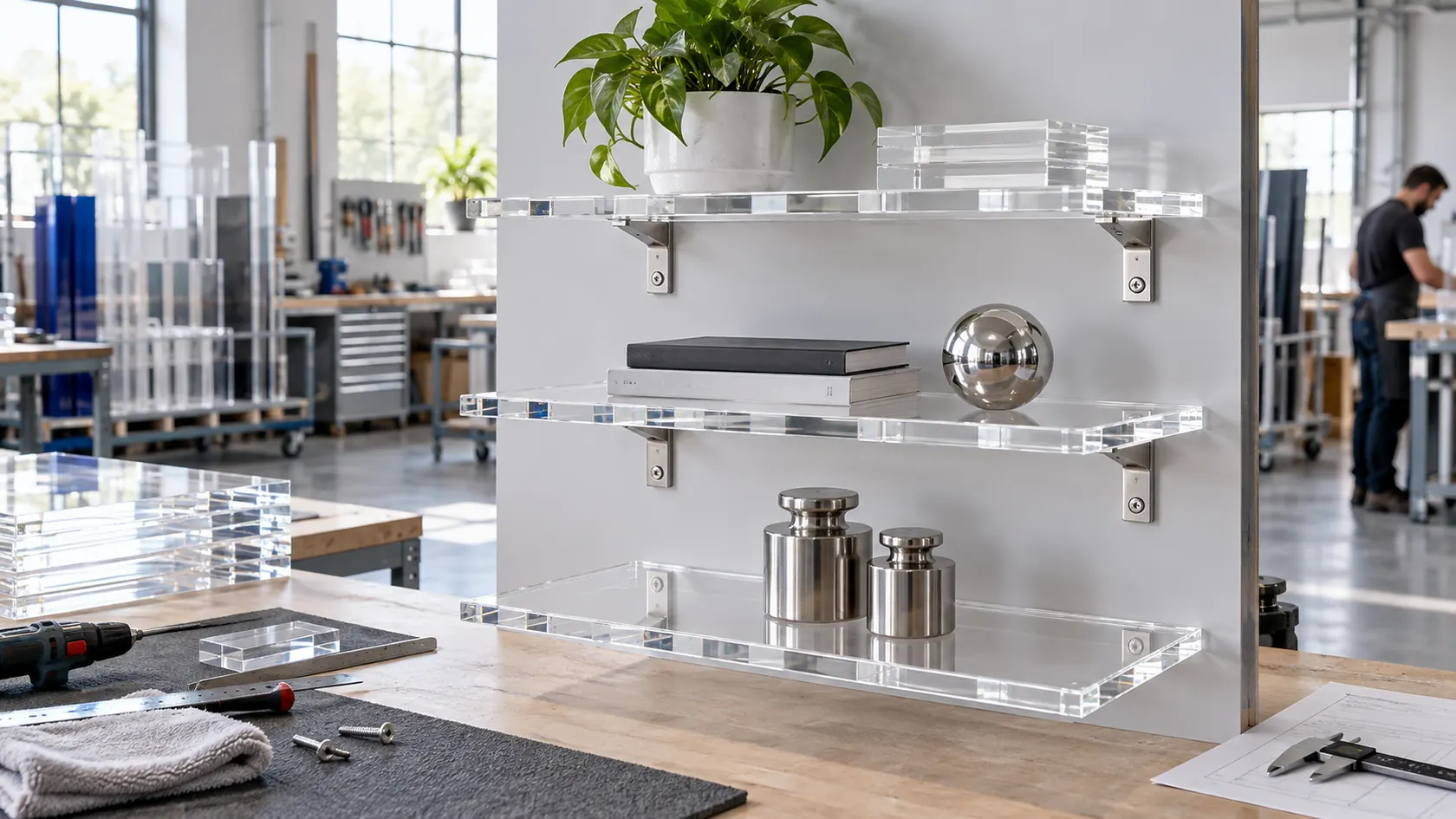 Clear acrylic display shelves with support brackets