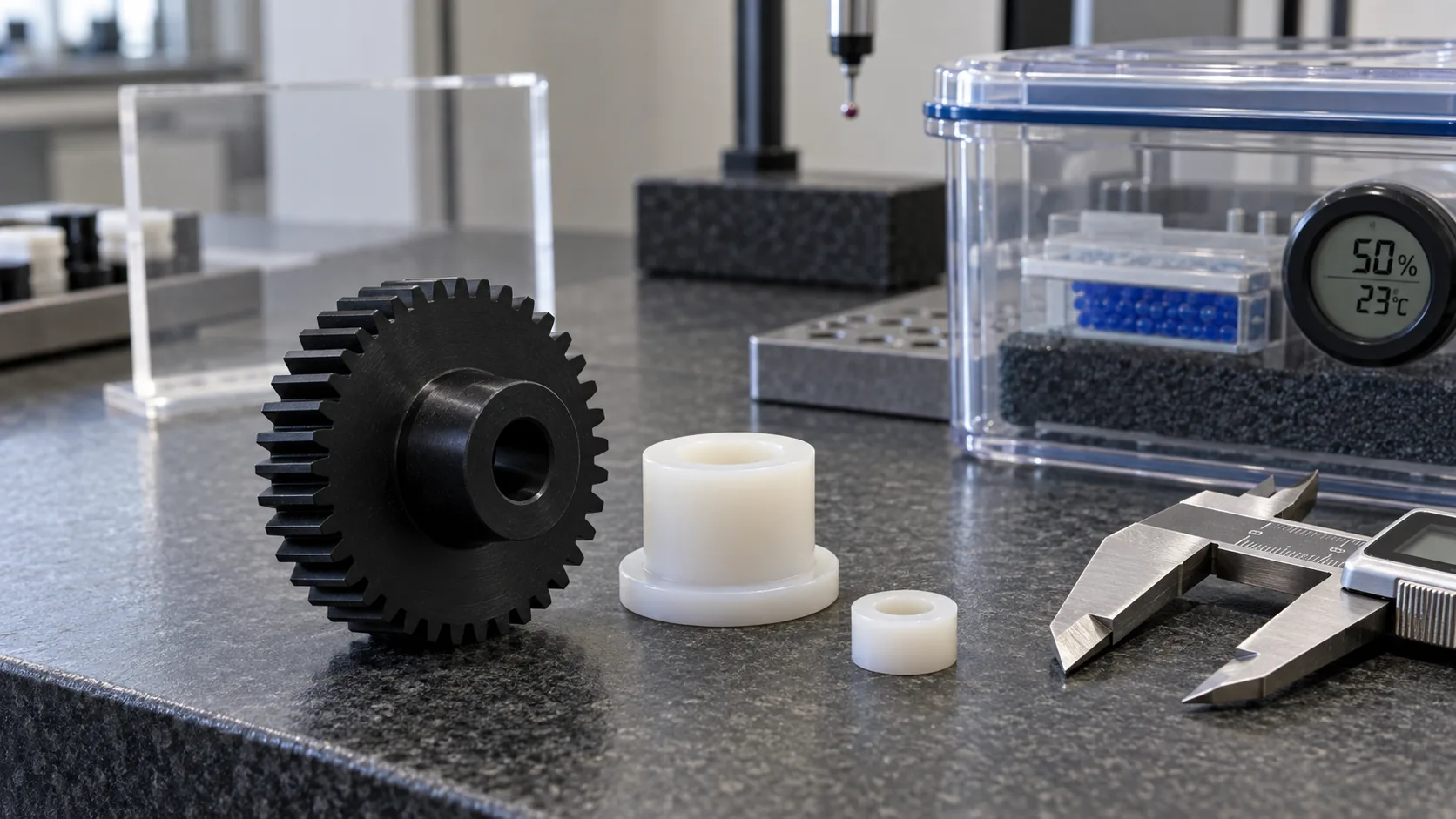 Nylon gear and bushing on an engineering inspection table