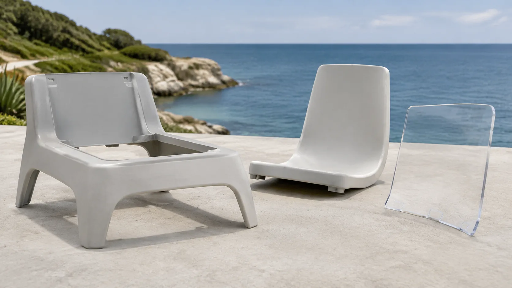 Opaque molded furniture component and clear acrylic panel