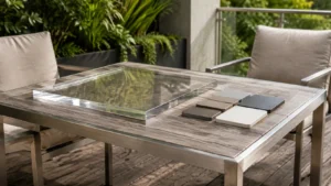 Outdoor furniture material samples on a patio table