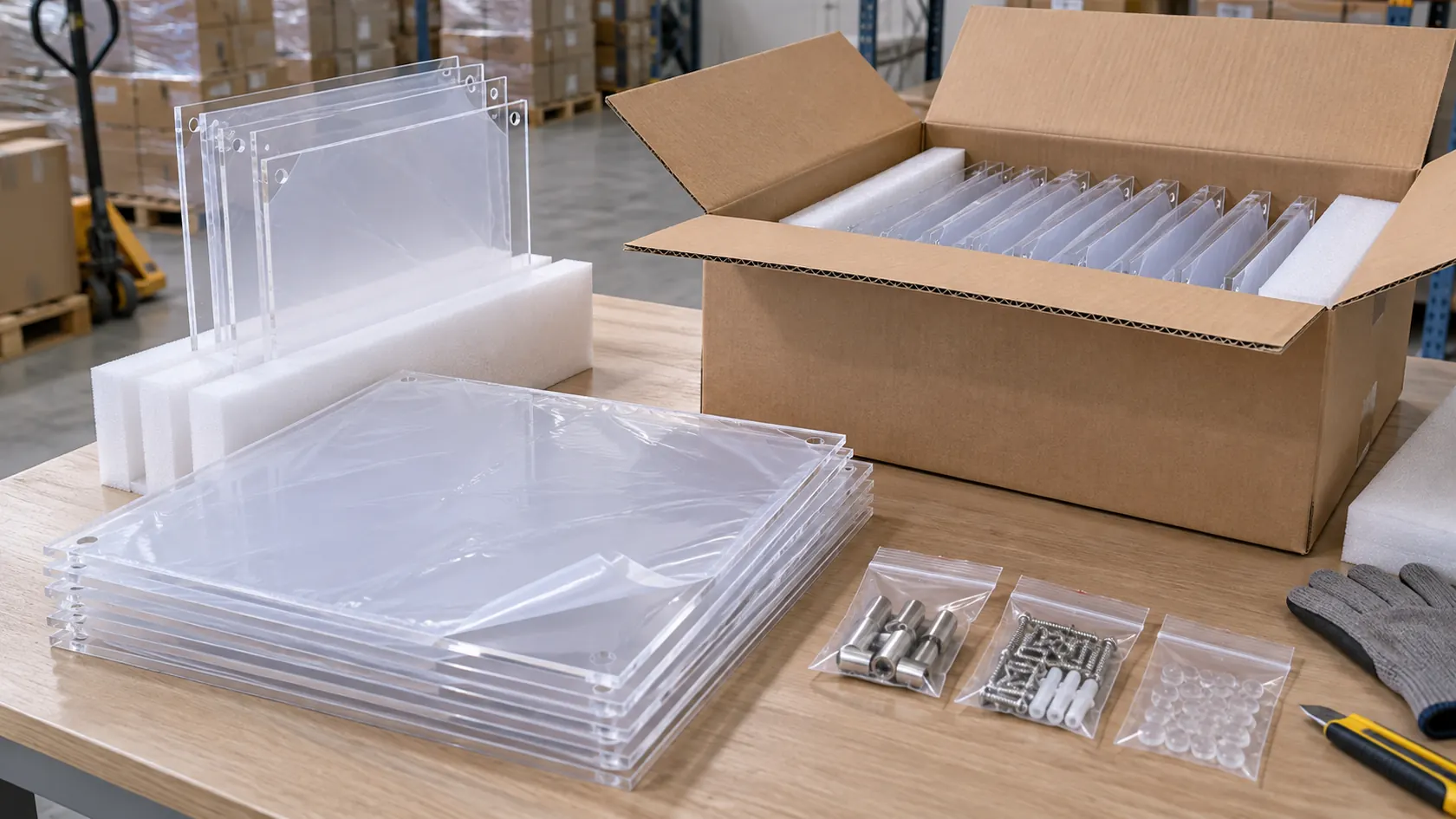 Flat-packed custom acrylic display panels with protective packaging