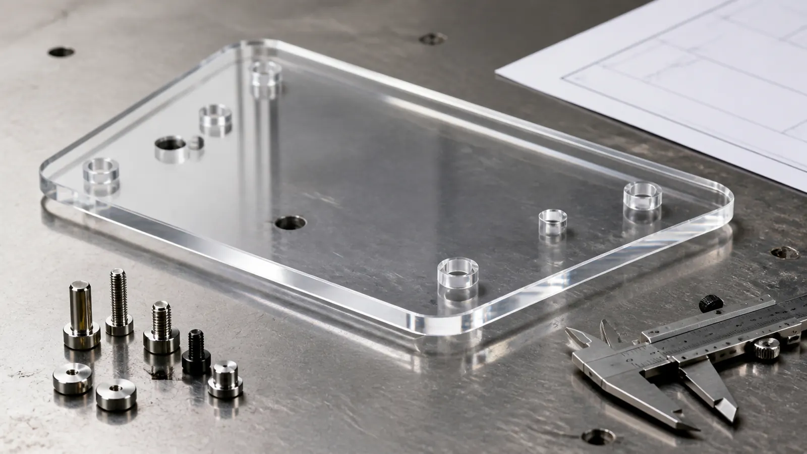 Clear acrylic panel with holes and fasteners reviewed against a drawing