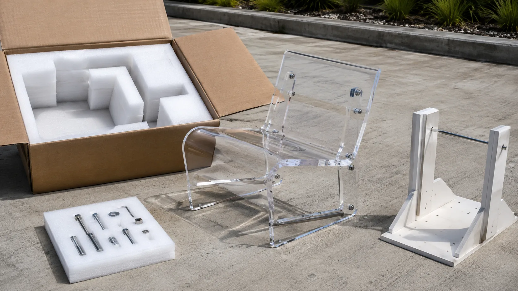 Clear outdoor furniture prototype with packaging and hardware