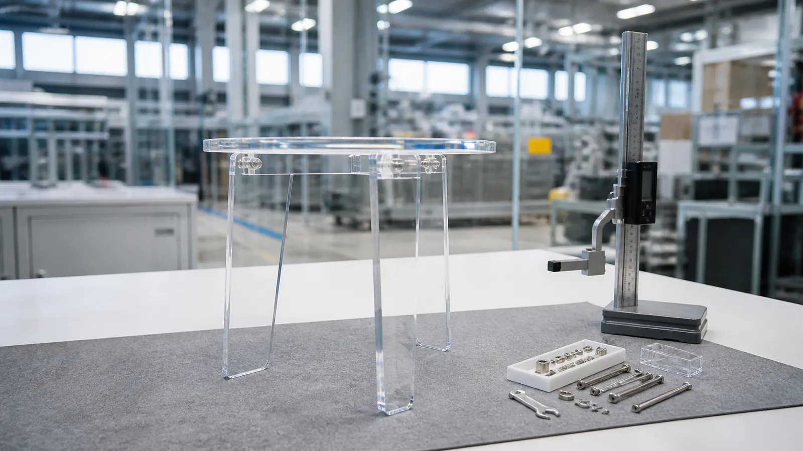 Clear acrylic furniture prototype checked during quality control