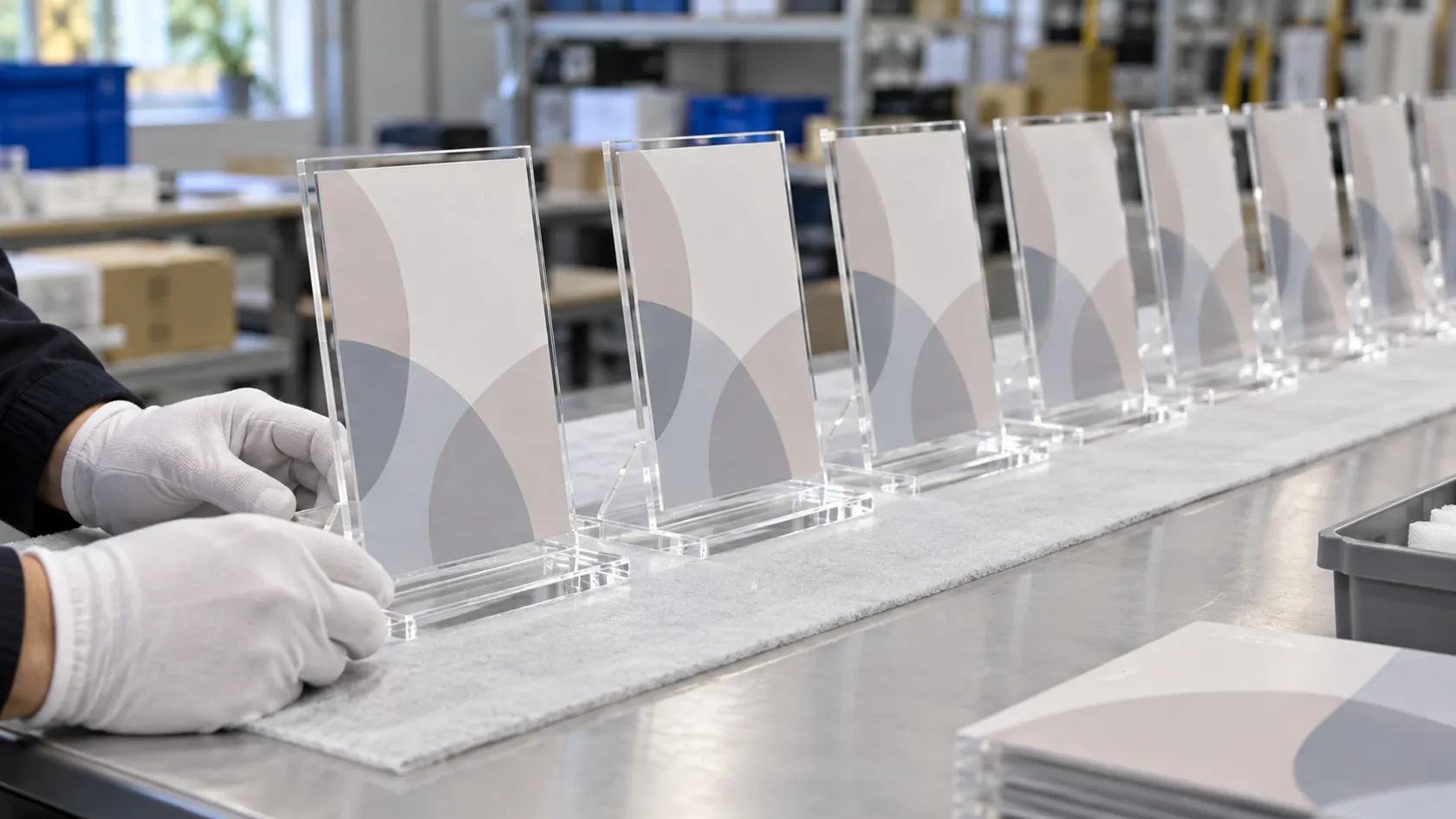 Identical custom acrylic displays prepared for inspection