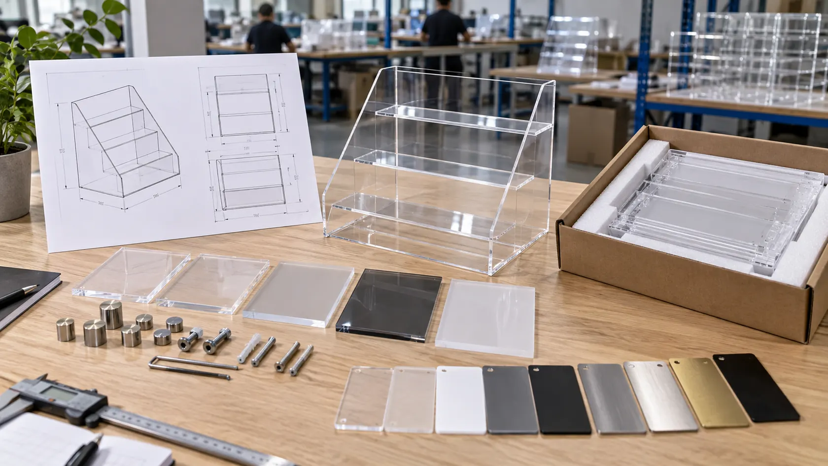 Custom acrylic display quote request materials on a review desk
