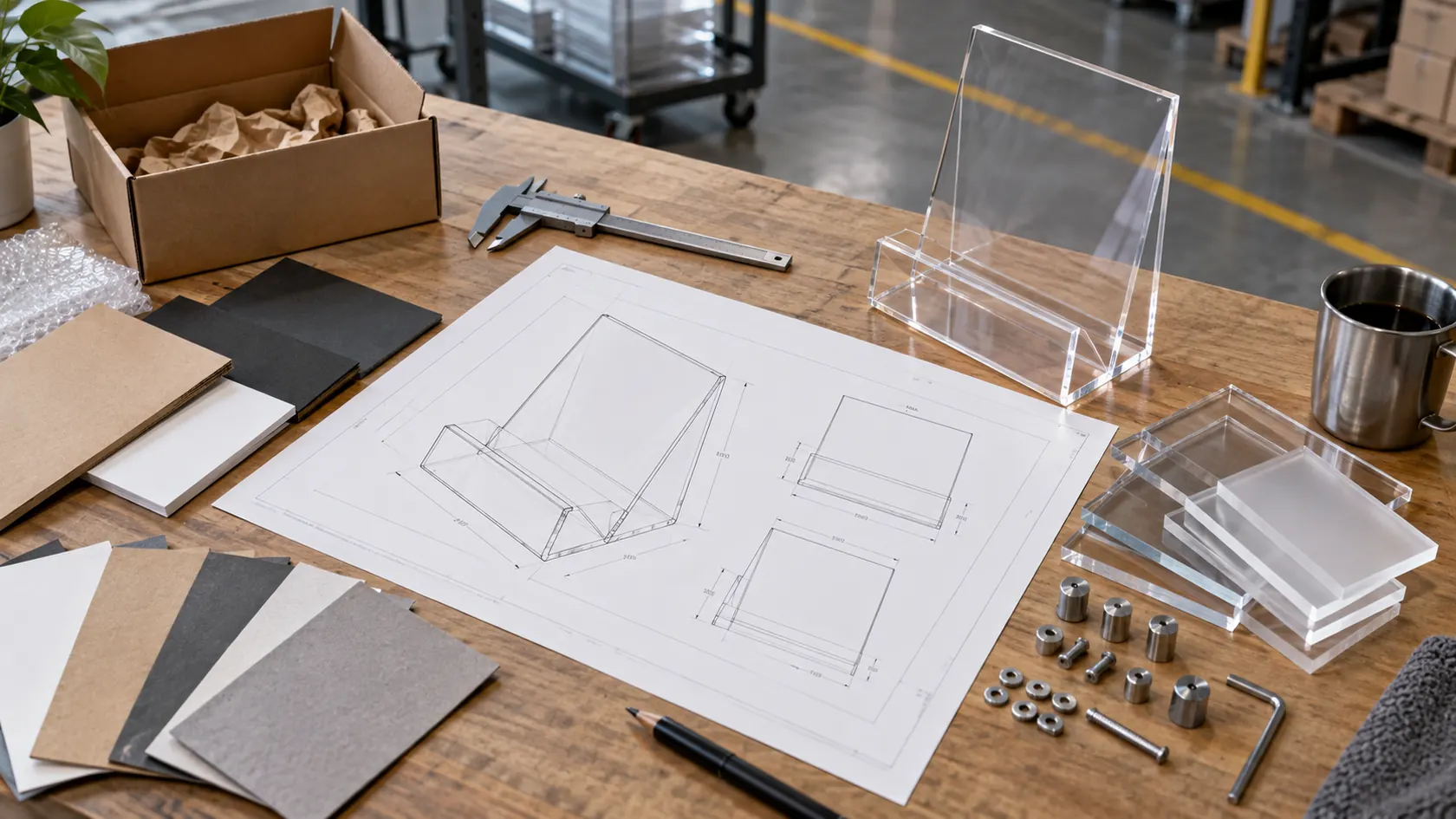 Acrylic display quote materials and hardware on a factory desk