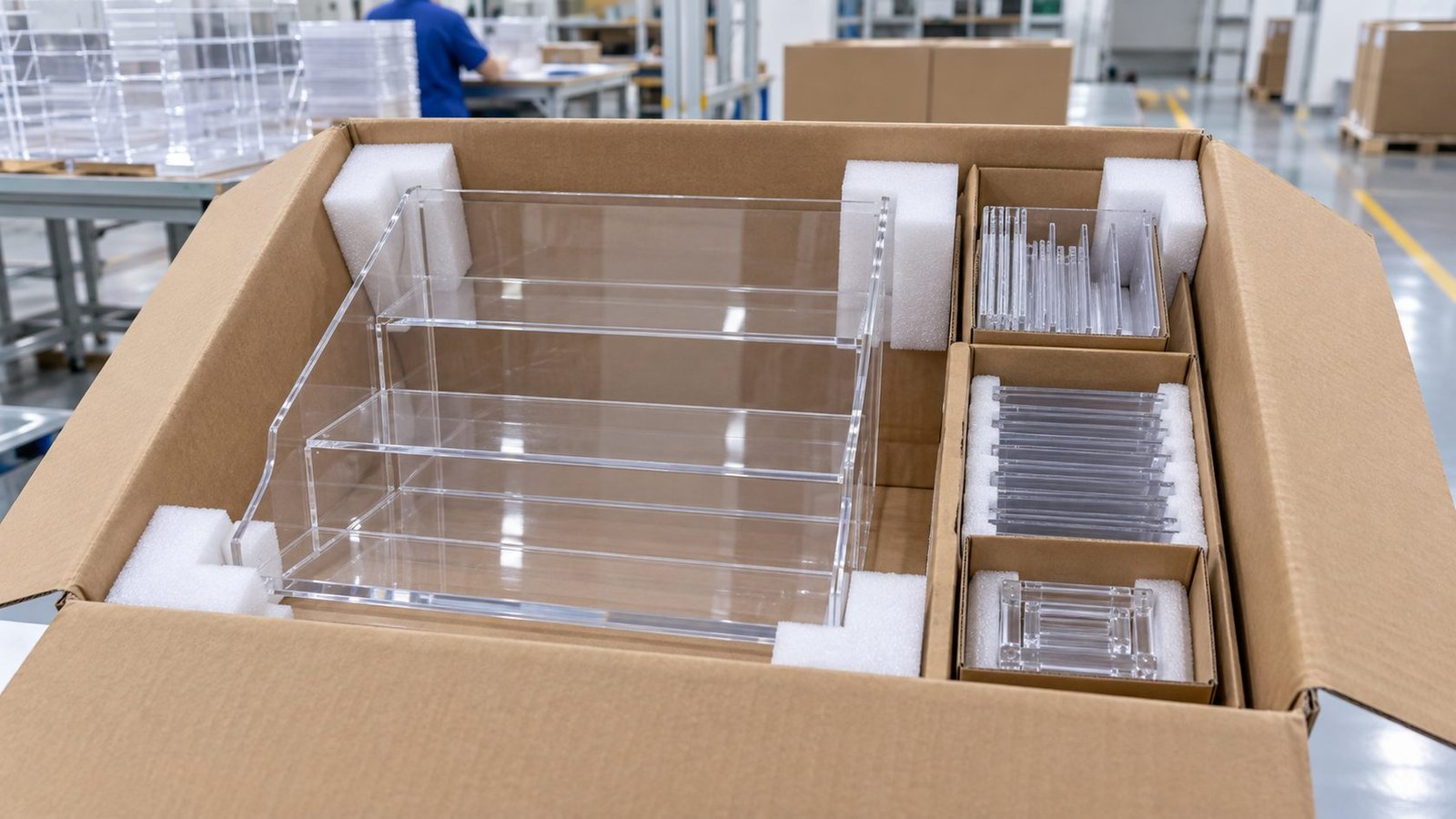 Clear acrylic display secured in a release-controlled export pack-out