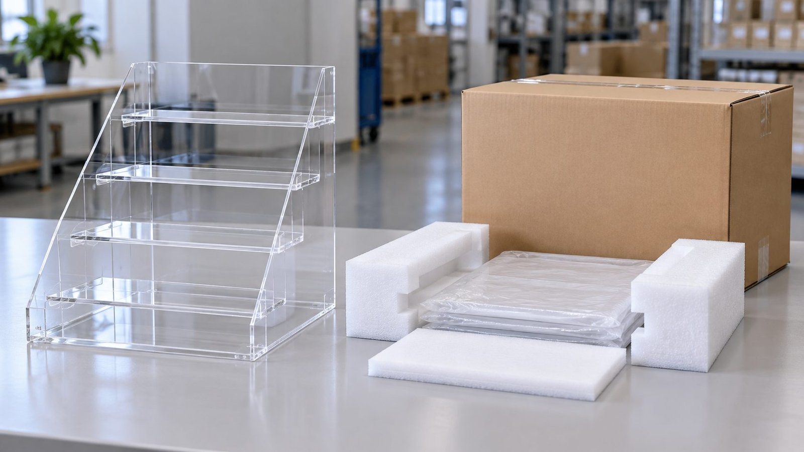 Finished acrylic retail display with protective packing components