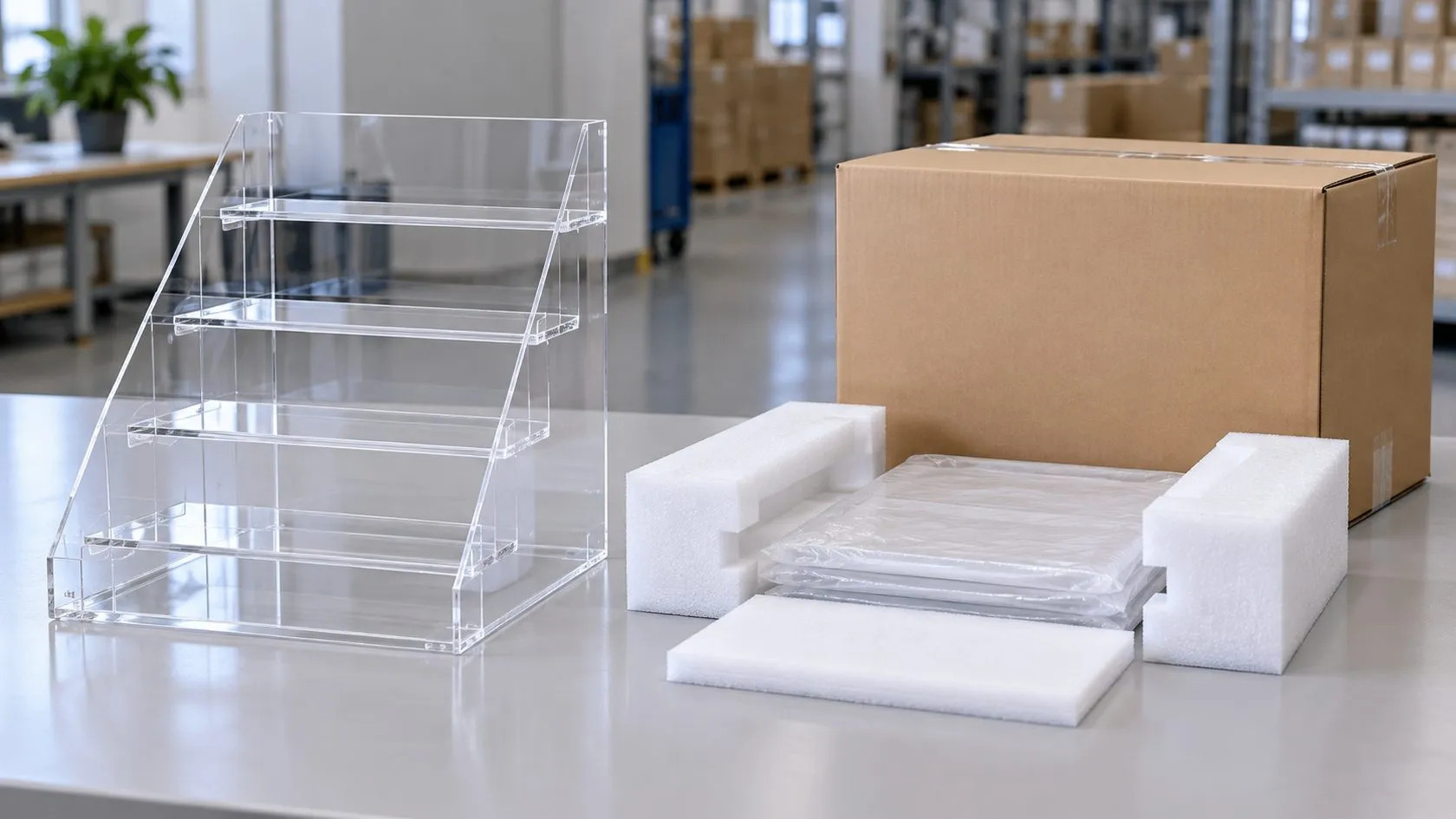 Finished acrylic retail display with protective packing components