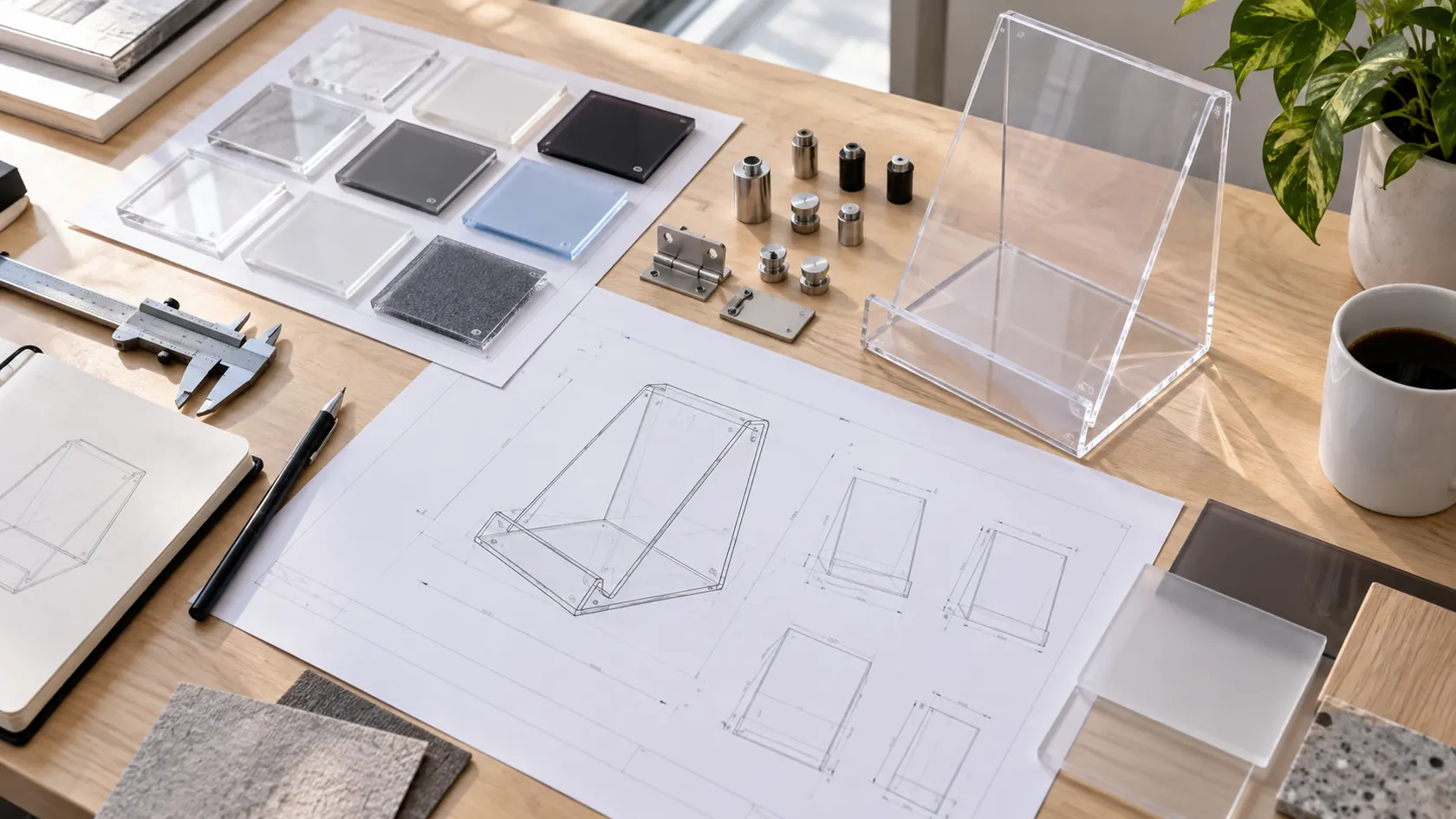 Acrylic display drawing and material samples prepared for review