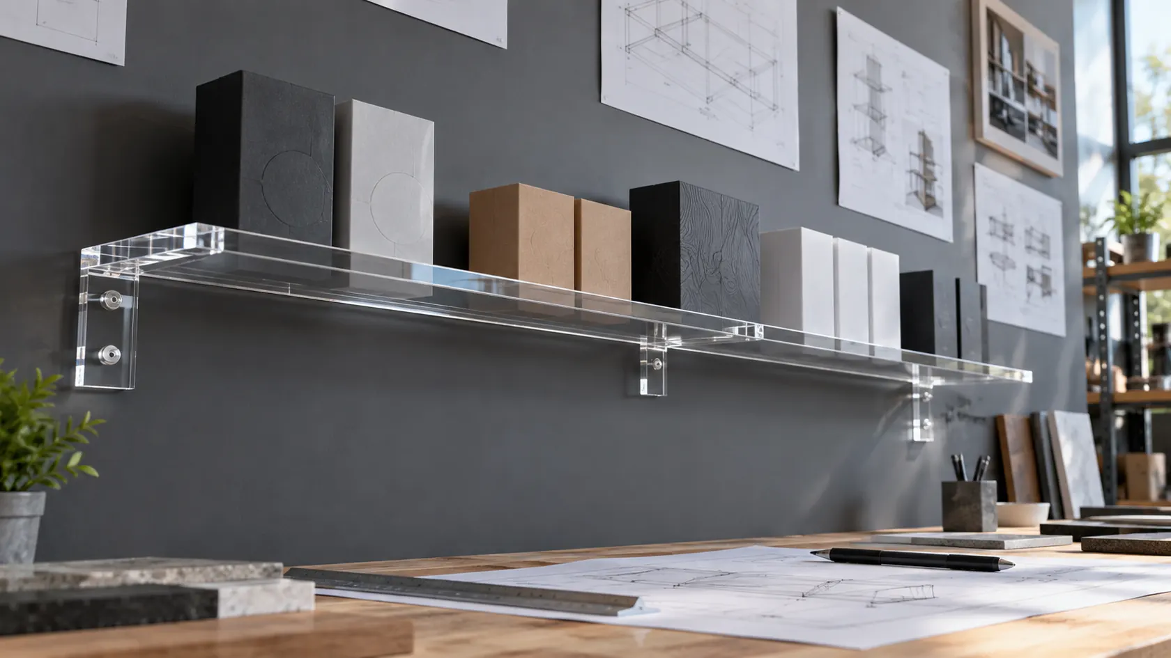 Clear acrylic shelf with support points and product boxes