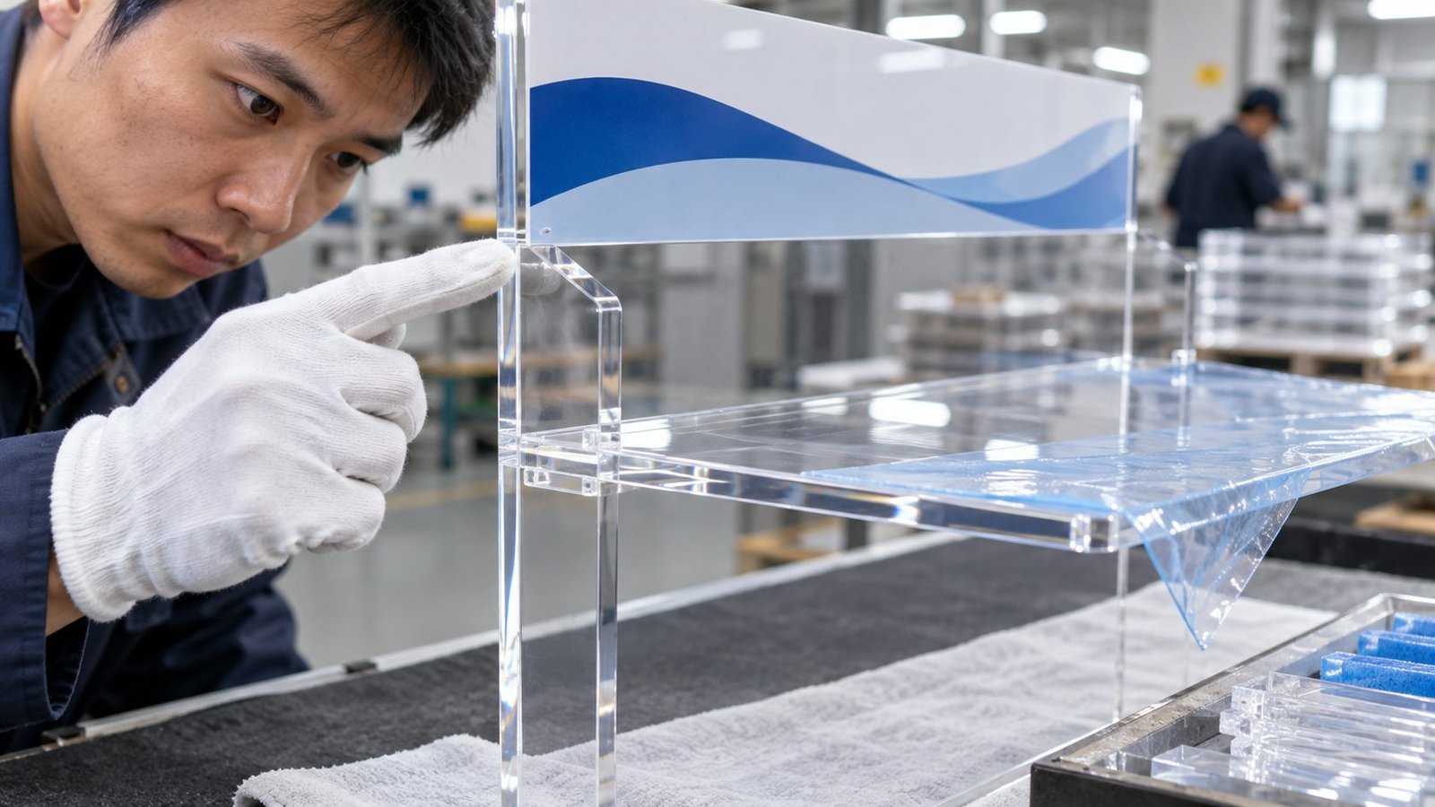 Clear acrylic display vulnerable edges and printed header inspection