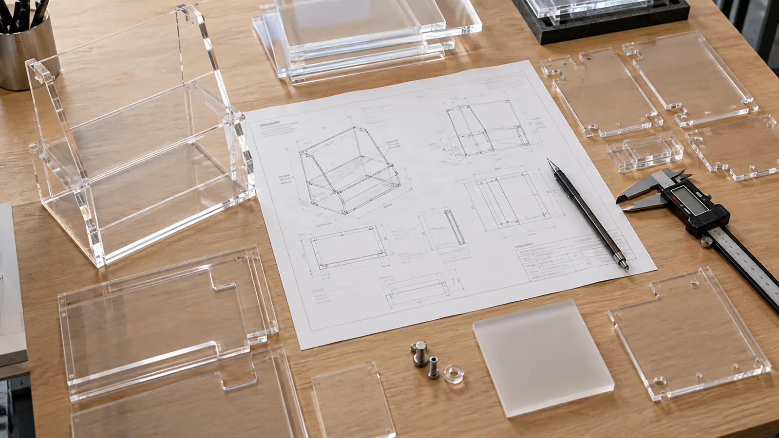 Acrylic POP display components reviewed with a controlled drawing