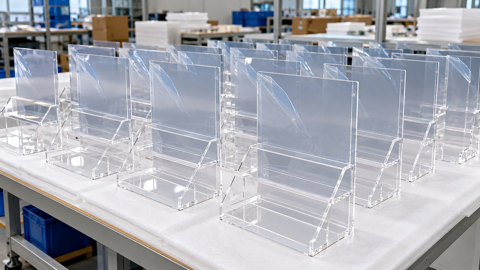 Finished custom acrylic display units prepared for quantity review