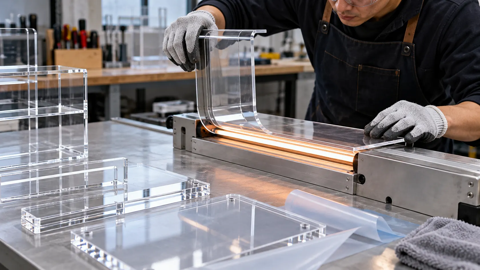 Heat forming and finishing a clear acrylic display