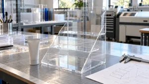 Custom acrylic POP display prototype reviewed with product sample