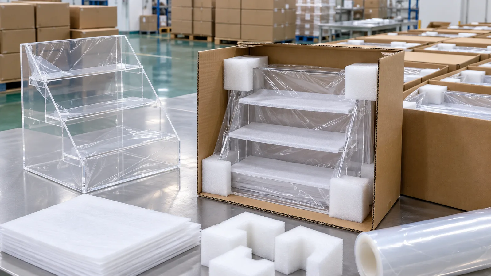 Clear acrylic POP displays protected for export packing