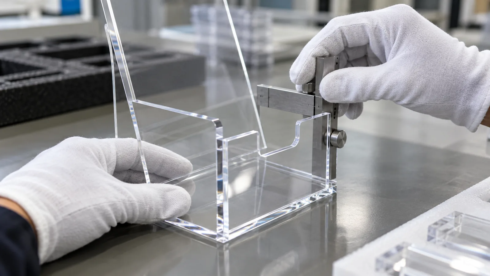 Clear acrylic POP display prototype inspected for product fit
